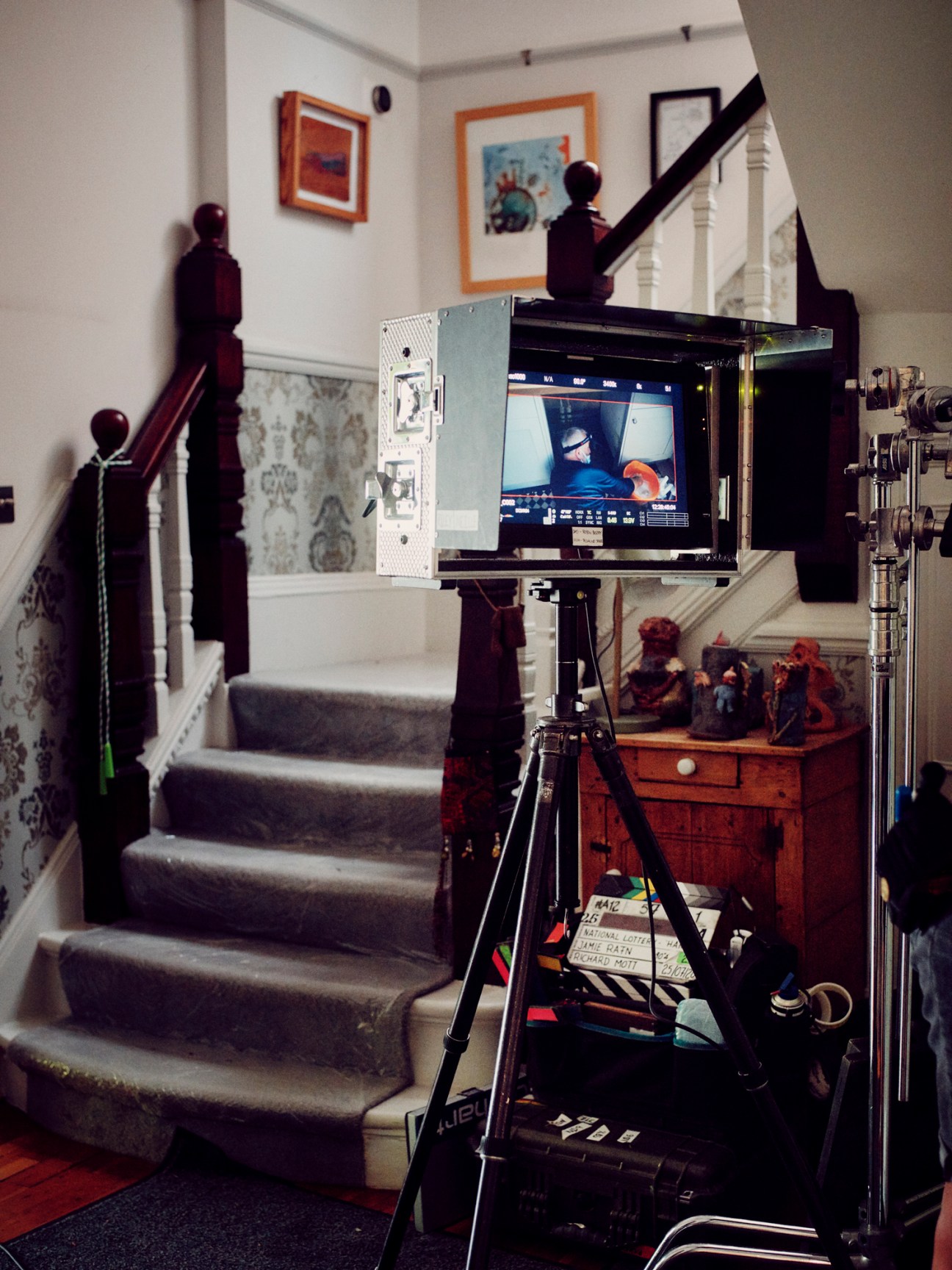 Monitor screen showing film production footage during filming process