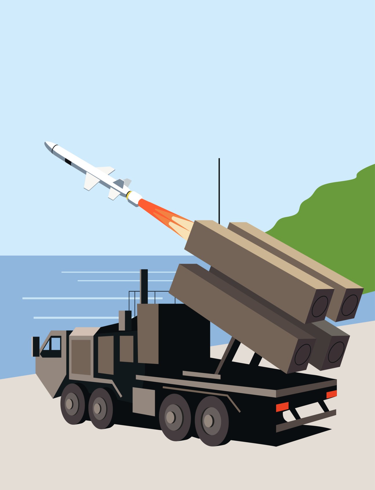 Mobile missile launcher truck firing projectile with orange exhaust trail against coastal landscape