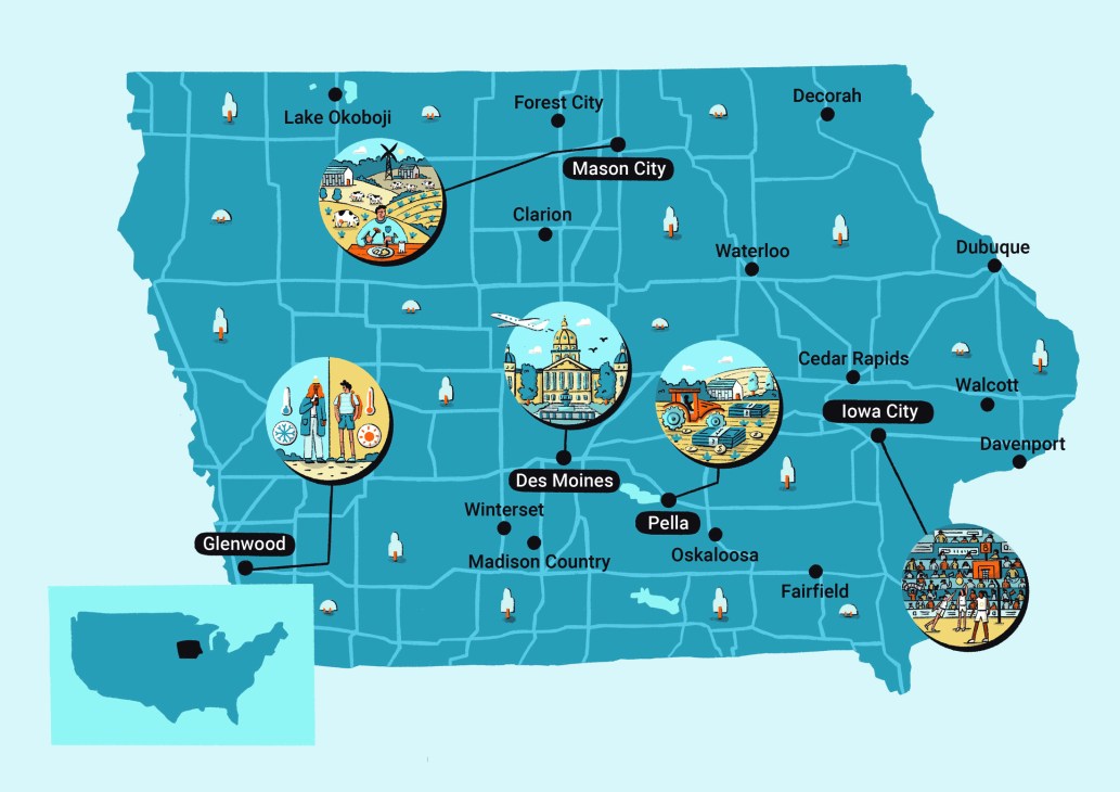 Illustrated map of Iowa showing major cities and regional icons representing local industries and attractions.