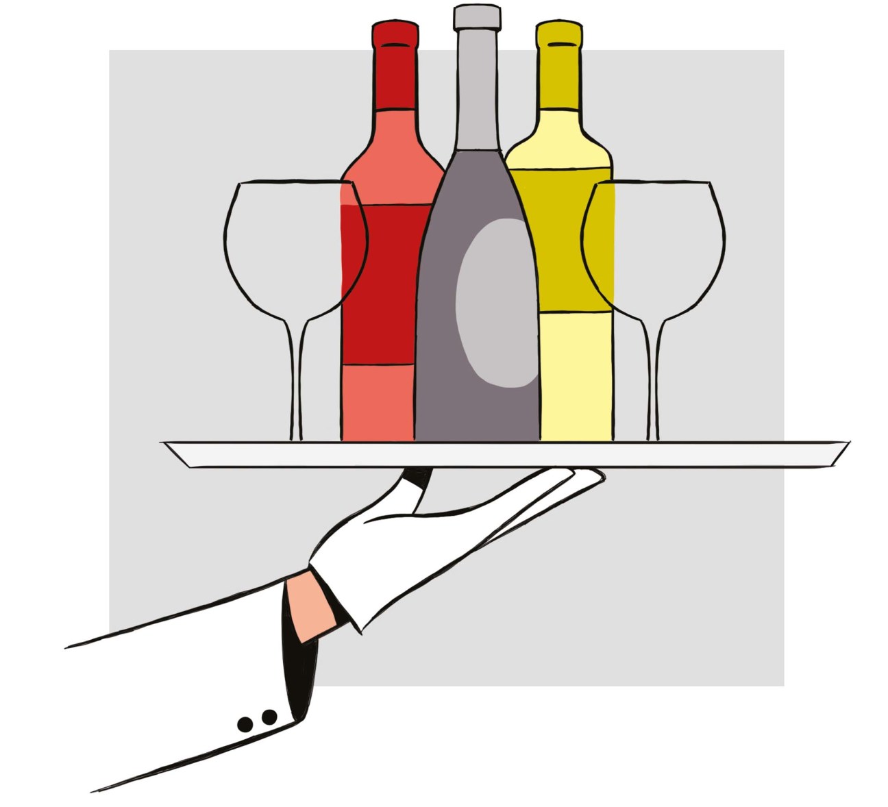 Master the fundamentals, white gloved hand holding a tray of bottles and wine glasses