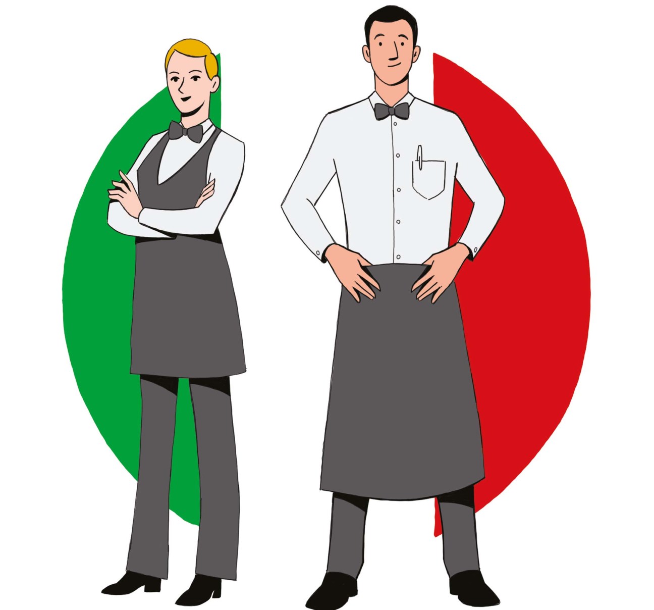 Hire Italian waiters, picture of two waiters in front of a circle of an Italian flag
