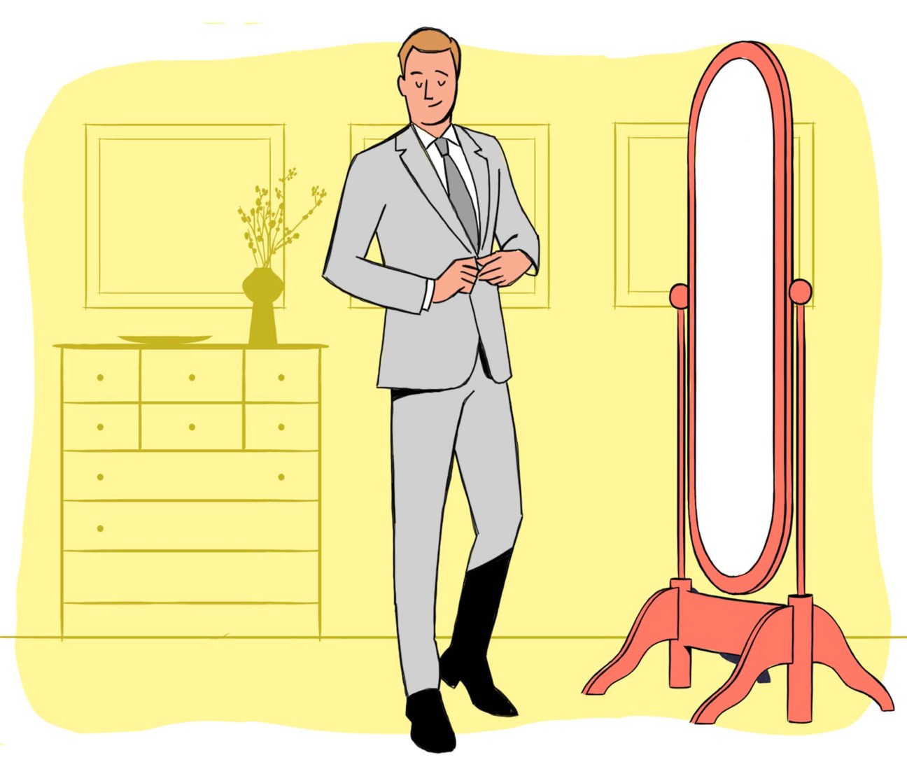 Suit yourself, picture of a man doing up his suit jacket button in front of a mirror