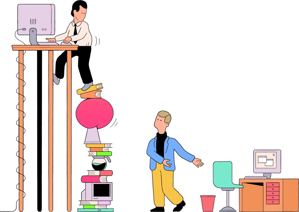 Illustration of two office workers managing workflow between workstations with stacked books and equipment.