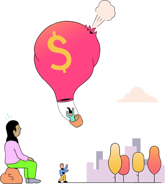 Illustration of a hot air balloon with a dollar sign, carrying people above a cityscape with figures below.