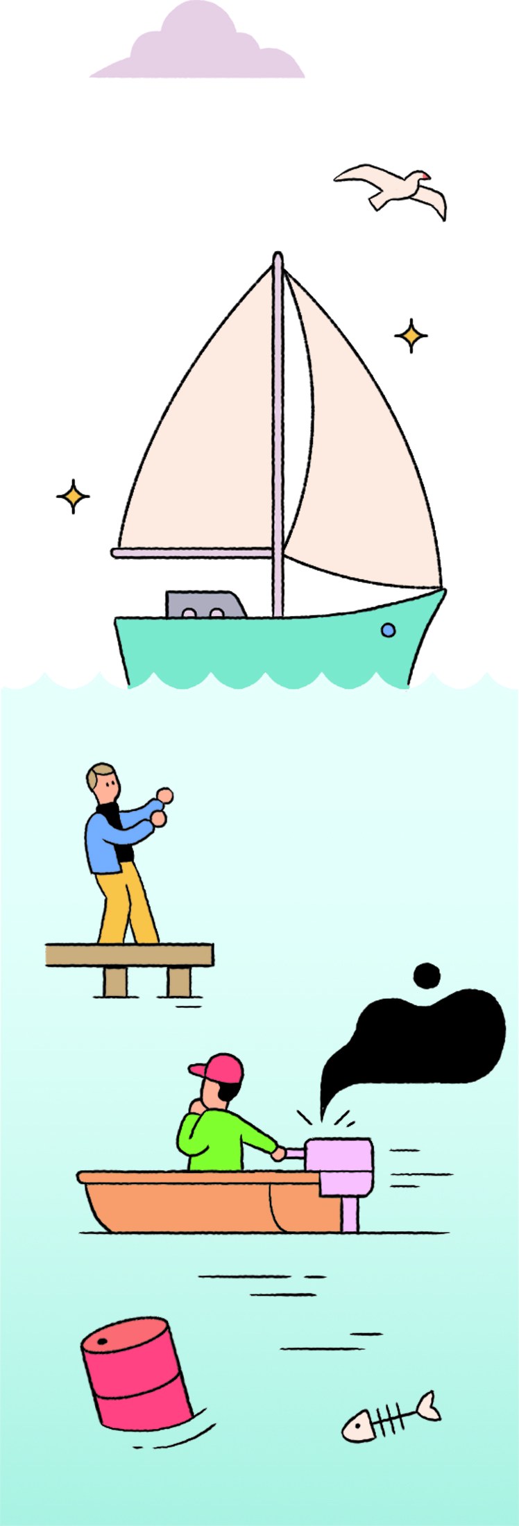 Illustration of a sailboat, person on dock, person in boat, and fallen barrel in water