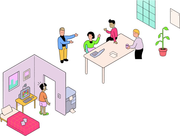 Isometric illustration of office workers in meeting and home office spaces with modern furniture and technology