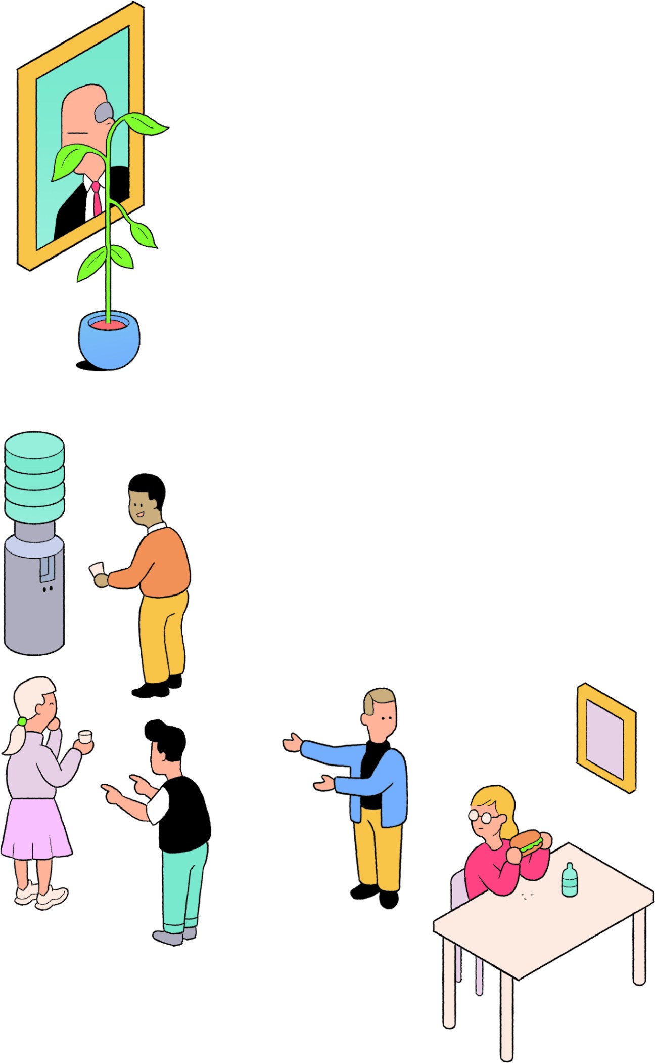 Illustrated office scenes showing employees in various workplace interactions and activities.