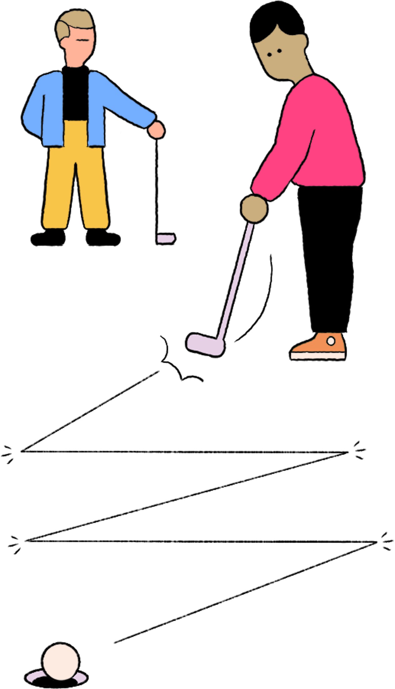 Illustration of two people playing golf on a descending landscape with a ball at the bottom.