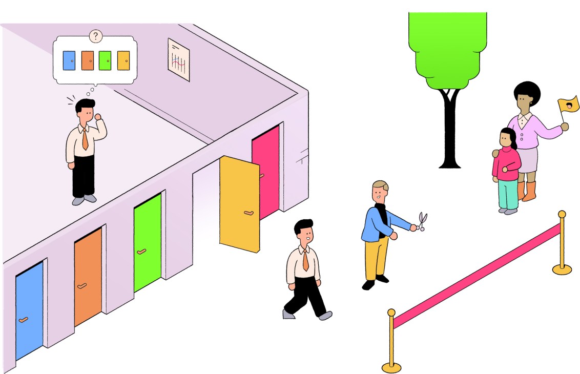 Illustration showing diverse business people in an office environment with colored doors, a tree, and a barrier.