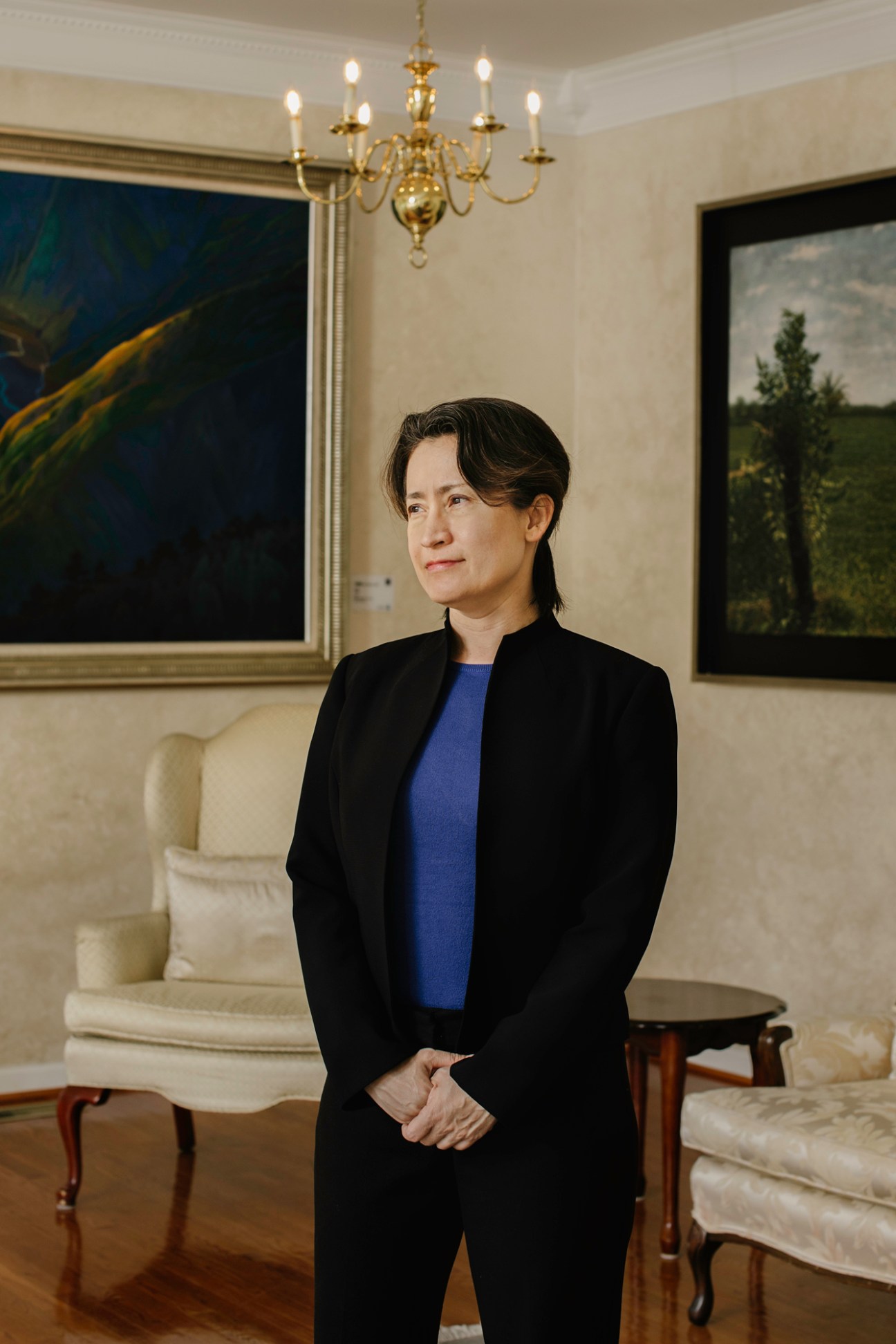 Hsiao Bi-khim, Taiwan's representative to the US, standing in an elegant room with cream furniture and paintings