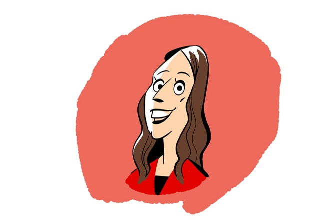 Illustrated portrait of Jacinda Ardern, New Zealand's prime minister, with brown hair wearing a red jacket against a coral background.