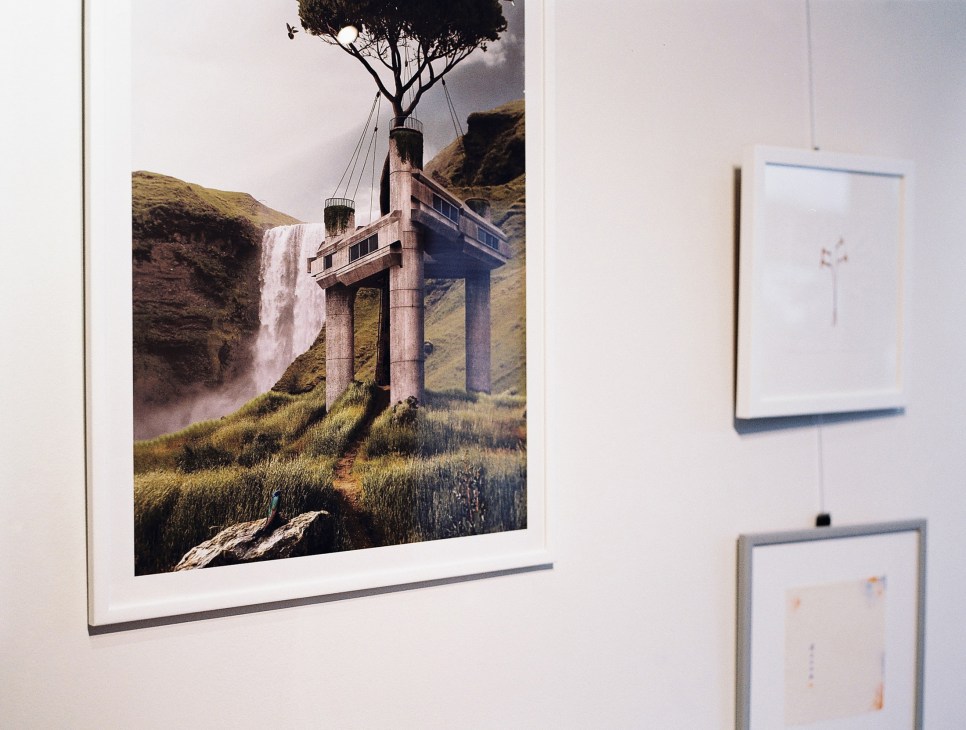 Framed surreal artwork showing architectural structure with tree growing from top, displayed on white gallery wall