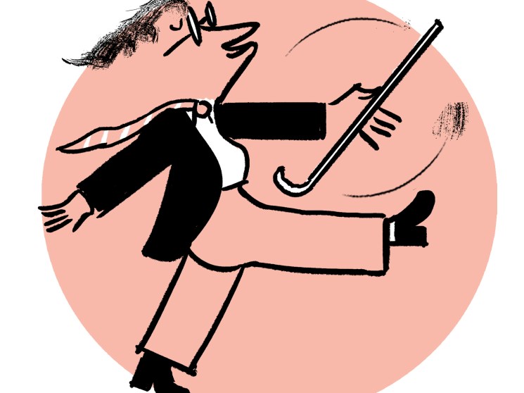 Illustration of an elderly person with long hair walking with a cane
