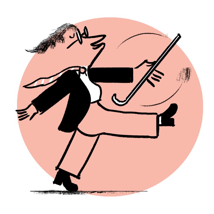 Illustration of an elderly person with long hair walking with a cane