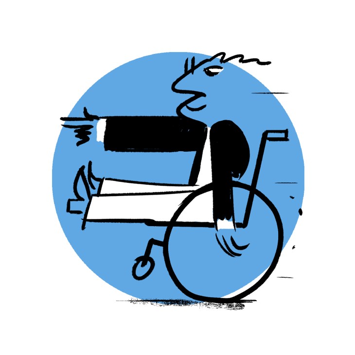 Black silhouette of elderly person sitting in wheelchair with cigarette against blue circular background