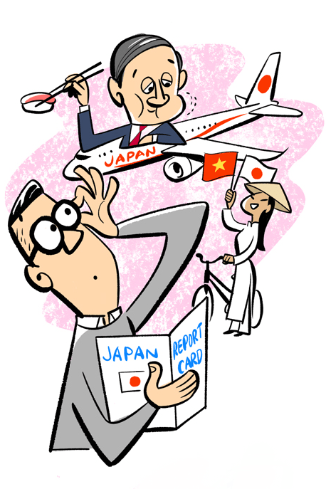 Cartoon illustration of Japanese diplomacy showing figure with airplane, samurai, and Japanese flags