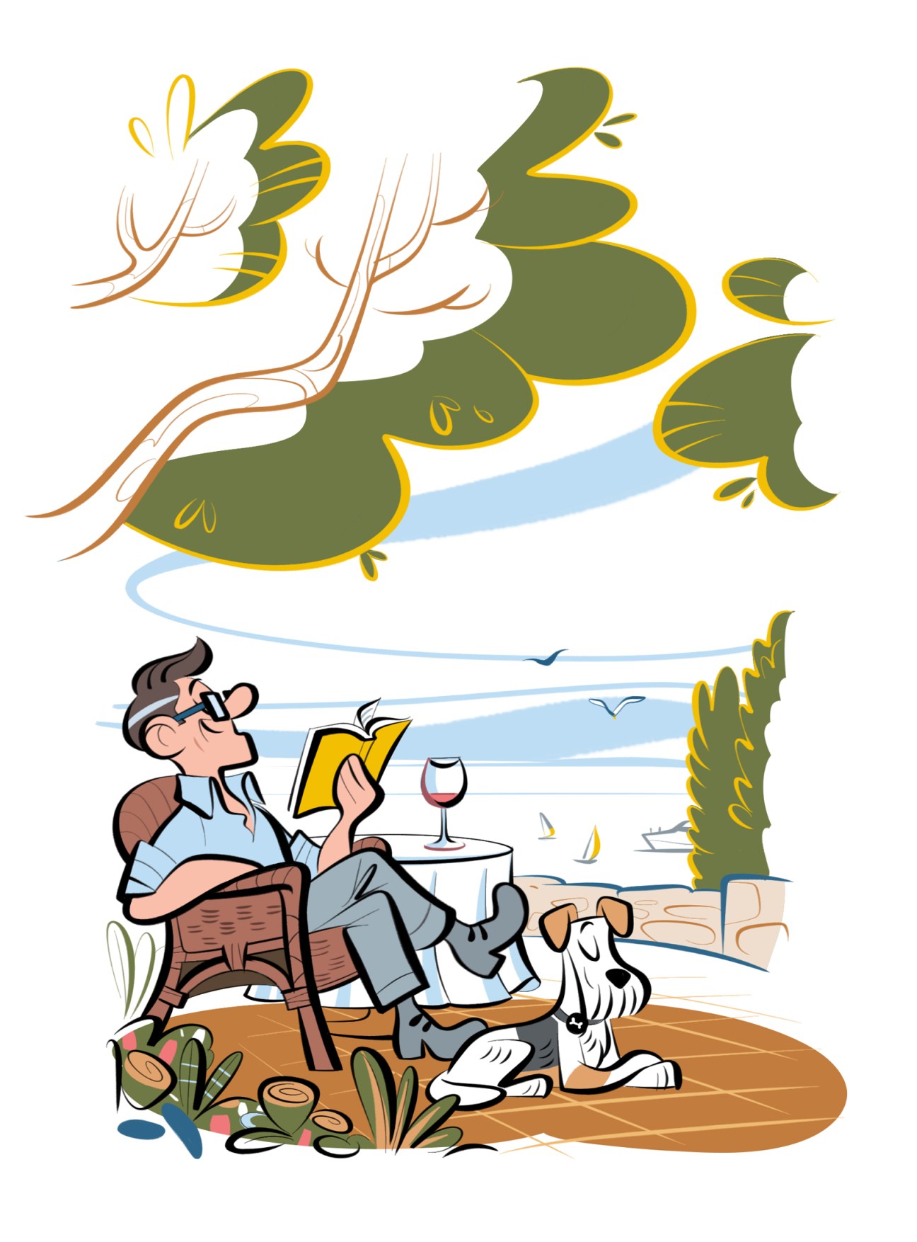 Illustration of man reading in chair with dog beside him, overlooking waterfront city with boats and buildings