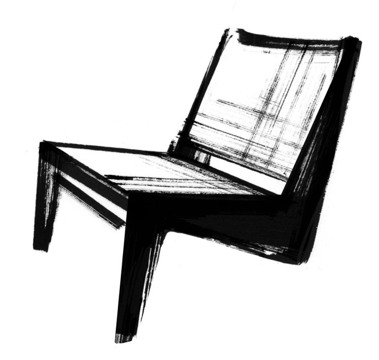 Black ink sketch of an angular modernist chair with geometric frame and angled legs