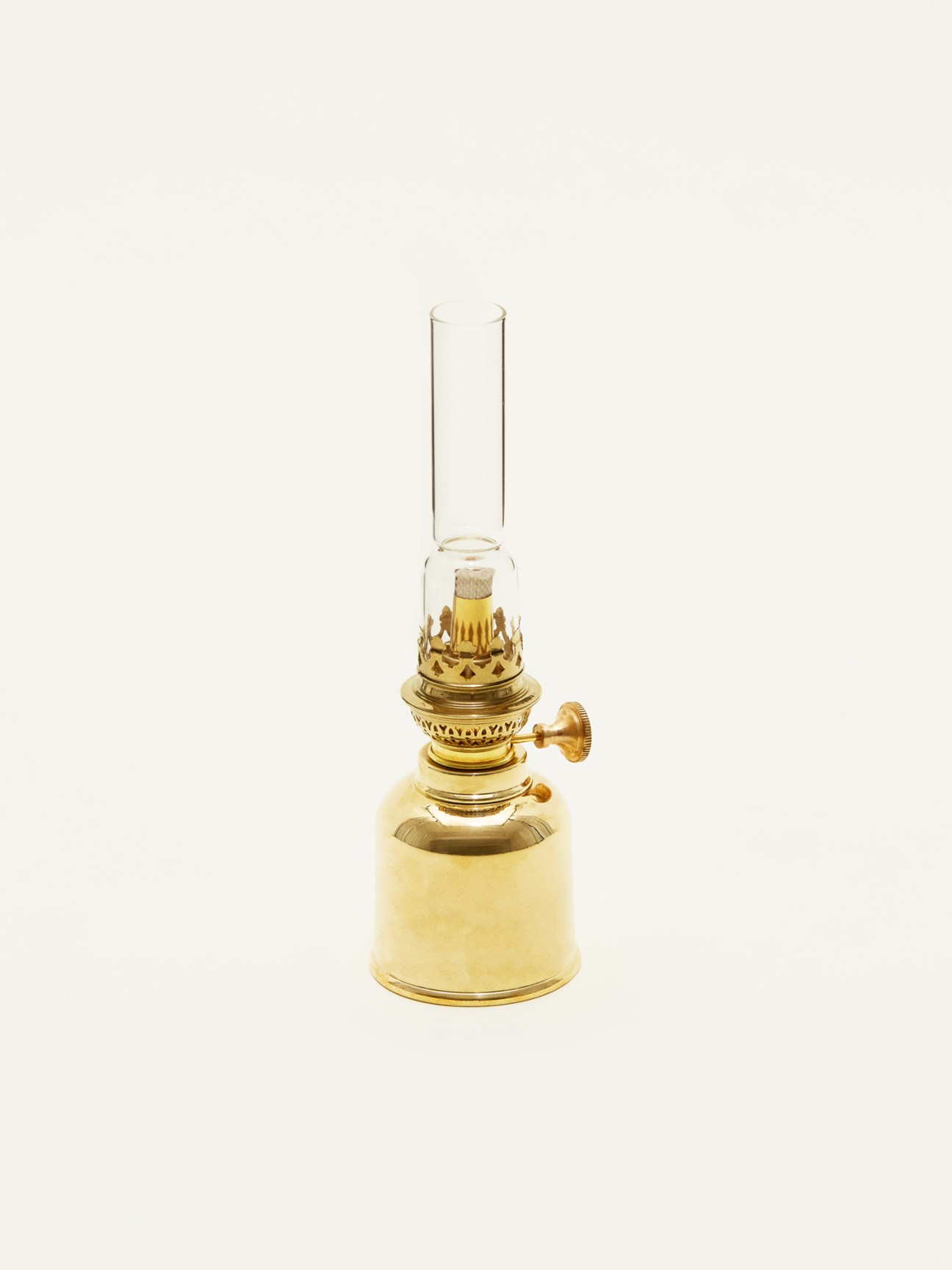 Karlskrona Lampfabrik brass oil lamp with glass chimney and round base