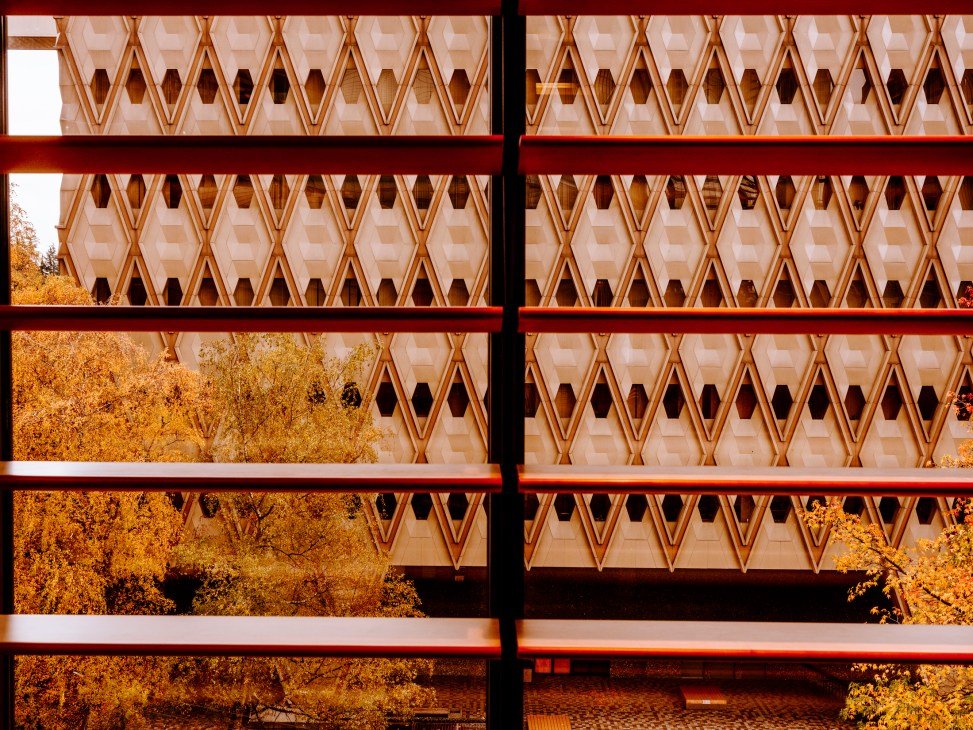 Architectural detail showing brise-soleil sun shading elements on building exterior