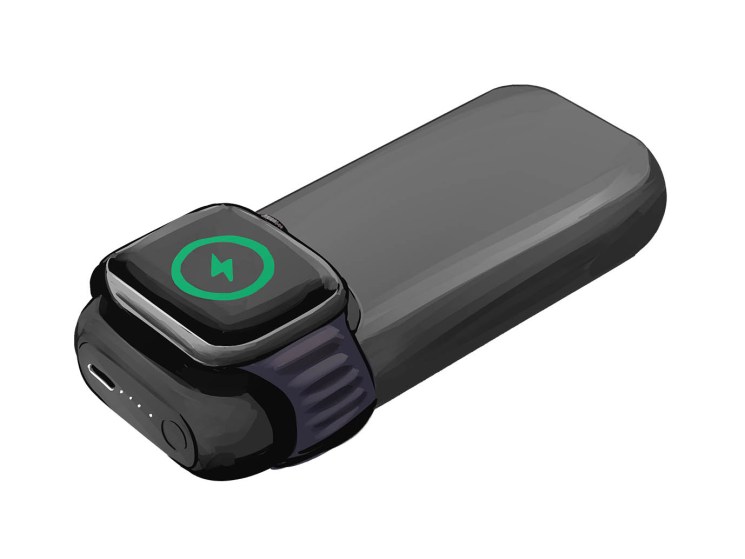 Black portable battery pack with Apple Watch charging dock showing green charging indicator