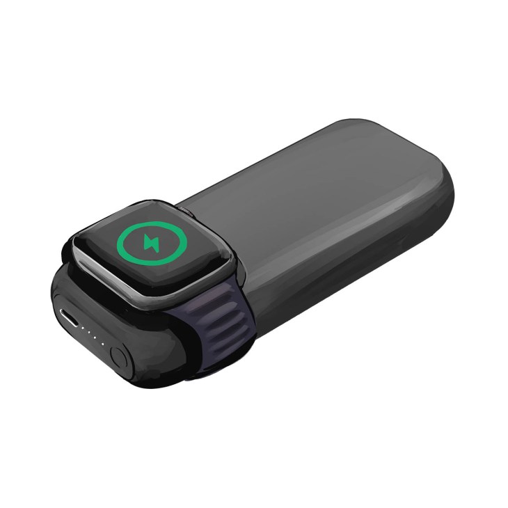Black portable battery pack with Apple Watch charging dock showing green charging indicator