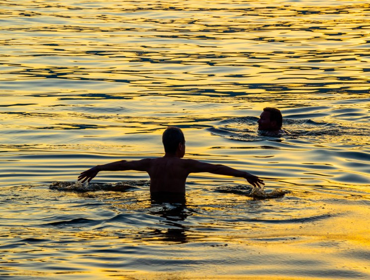 Two people swimming in golden, sun-reflecting water at sunset.