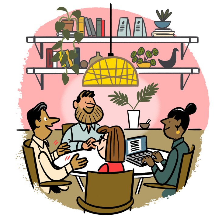 Illustration of three diverse people collaborating around a table in a bright office space with shelves and plants.