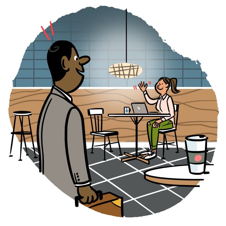 Illustration of two business professionals meeting in an office space to discuss ideas.