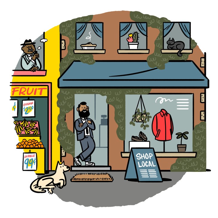 Illustration of a street-level fruit shop and clothing boutique with a businessman and customers in a neighborhood community setting.