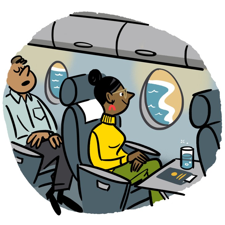 Illustration of two businesspeople on an airplane discussing business opportunities while traveling.