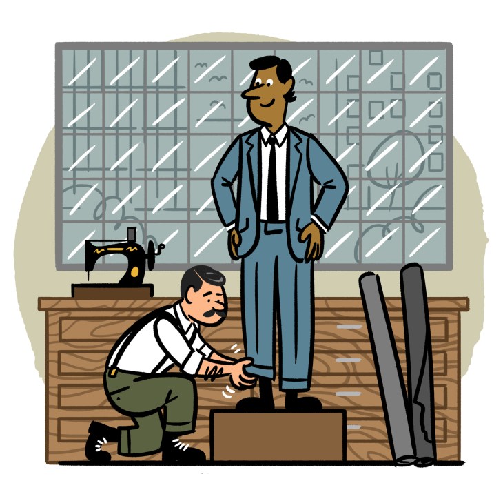 Illustration of a tailor fitting trousers on a businessman in a blue suit and jacket.