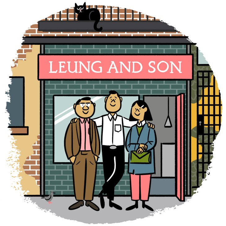 Illustration of three people standing in front of a storefront named 'Leung and Son' with a cat on the roof.