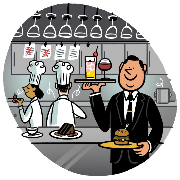 Illustration of a smiling businessman in a suit holding a tray with a burger and drink in a restaurant kitchen with chefs.