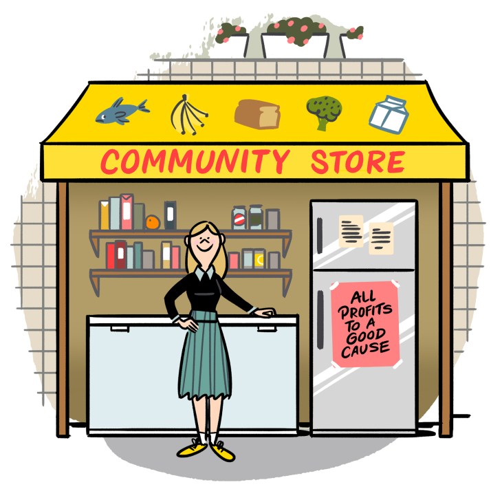 Illustration of a smiling woman standing behind a counter in a community store with shelves of books and a sign reading 'All Profits to a Good Cause'.