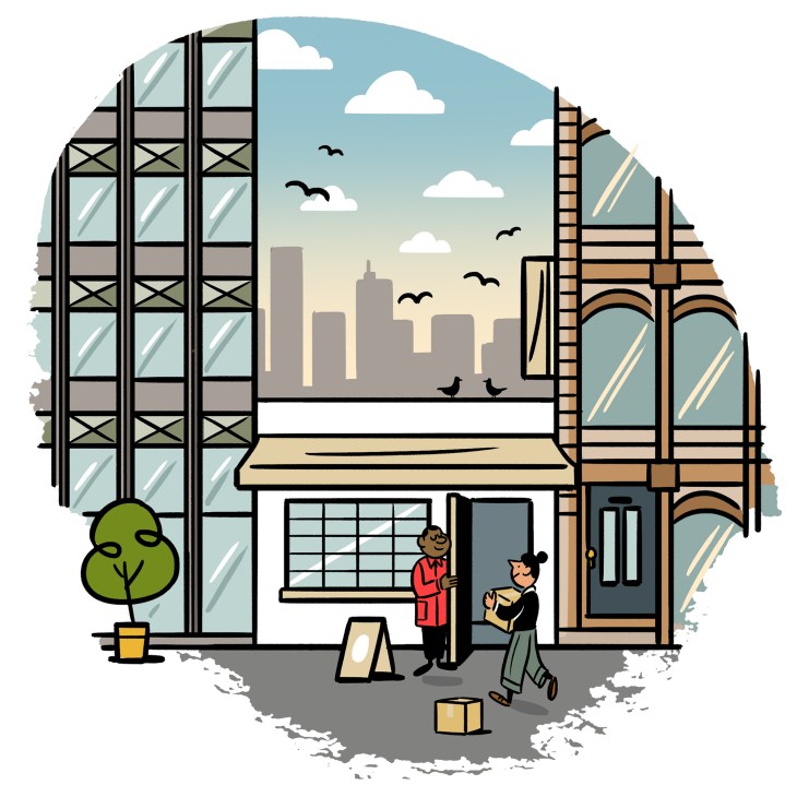 Illustration of two people conducting business on a city street outside storefronts with tall buildings in the background.