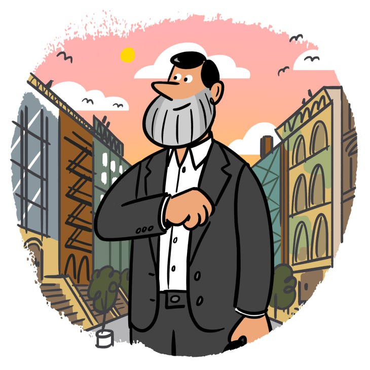 Illustrated bearded businessman in suit standing in urban street setting with historic buildings.