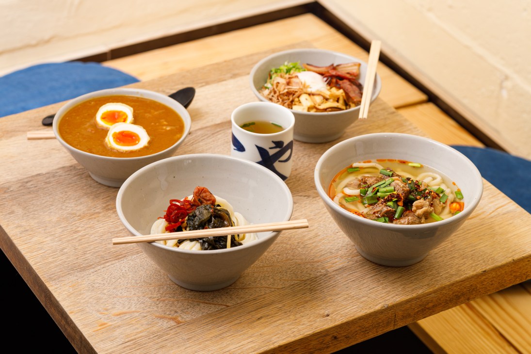 Assorted Japanese noodle bowls with udon, eggs, and various toppings arranged on wooden tray