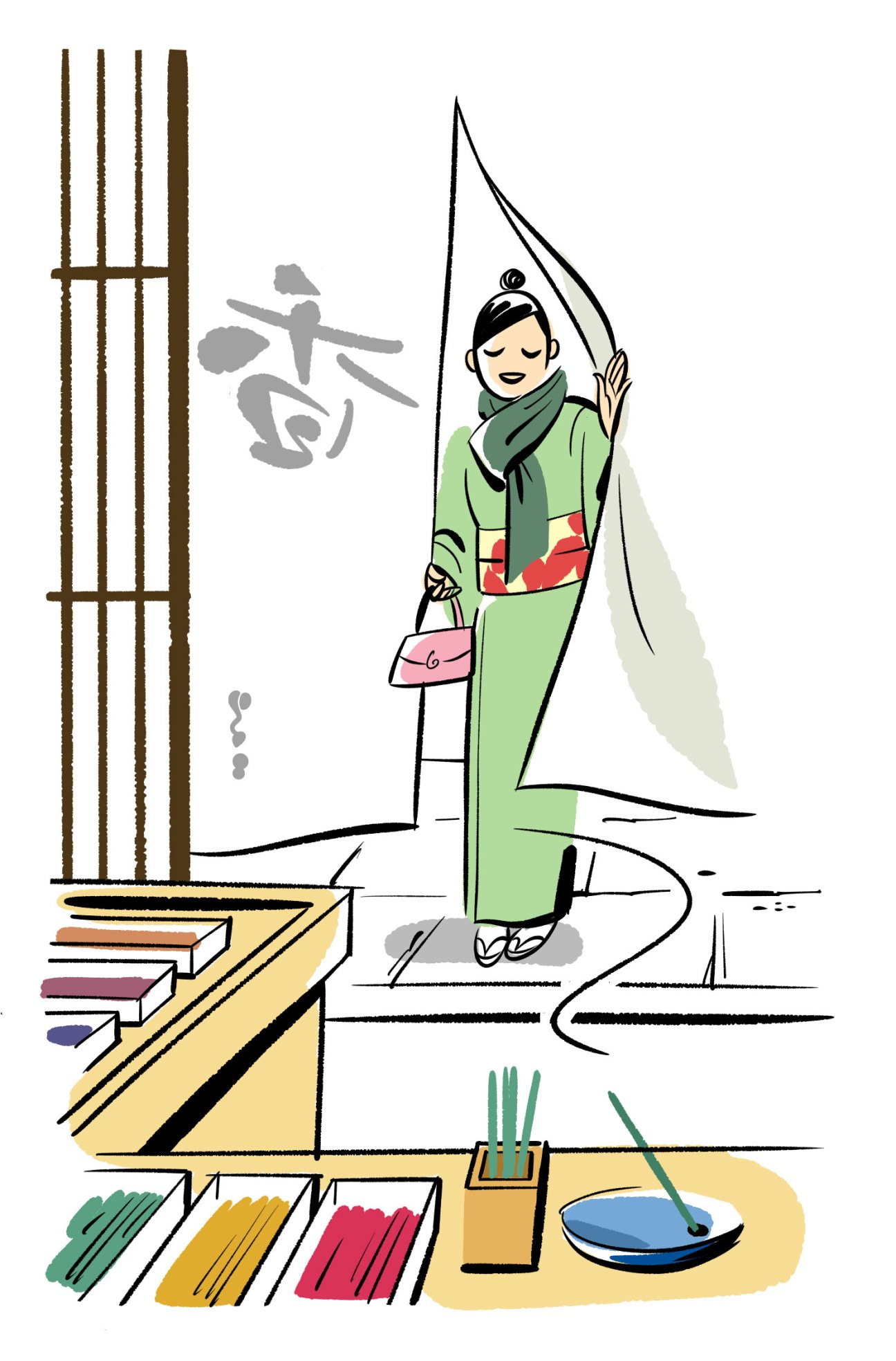 Illustration of woman in green kimono walking through traditional Japanese shopping district