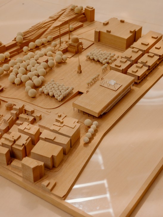 White architectural scale model of Istanbul Modern showing the building in context with surrounding urban landscape