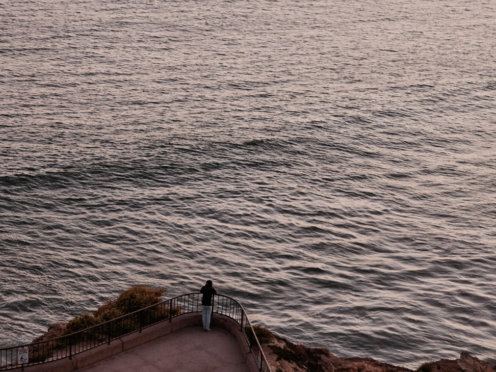 Panoramic coastal view showing rocky cliffs, ocean waves, and a curved coastline stretching into the distance under an overcast sky