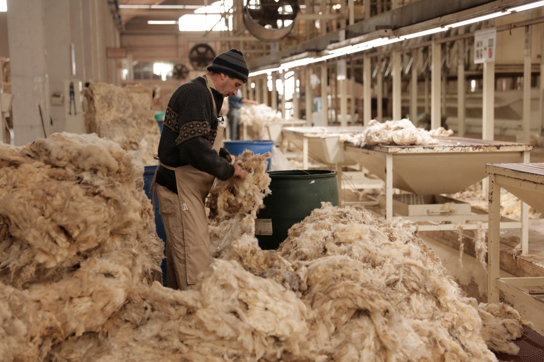 Worker in black hat processing raw wool at Lanas Trinidad factory in Uruguay.