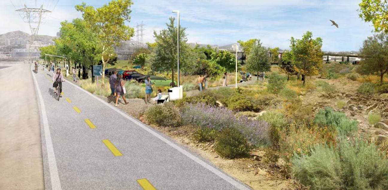 Architectural rendering showing people enjoying a restored riverside area with native vegetation and a bike path