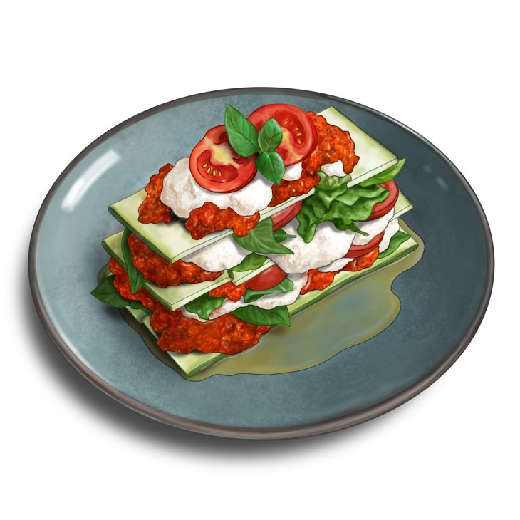 Layered zucchini lasagne with cashew cream, sun-dried tomato ragu, spinach and fresh basil on a blue ceramic plate