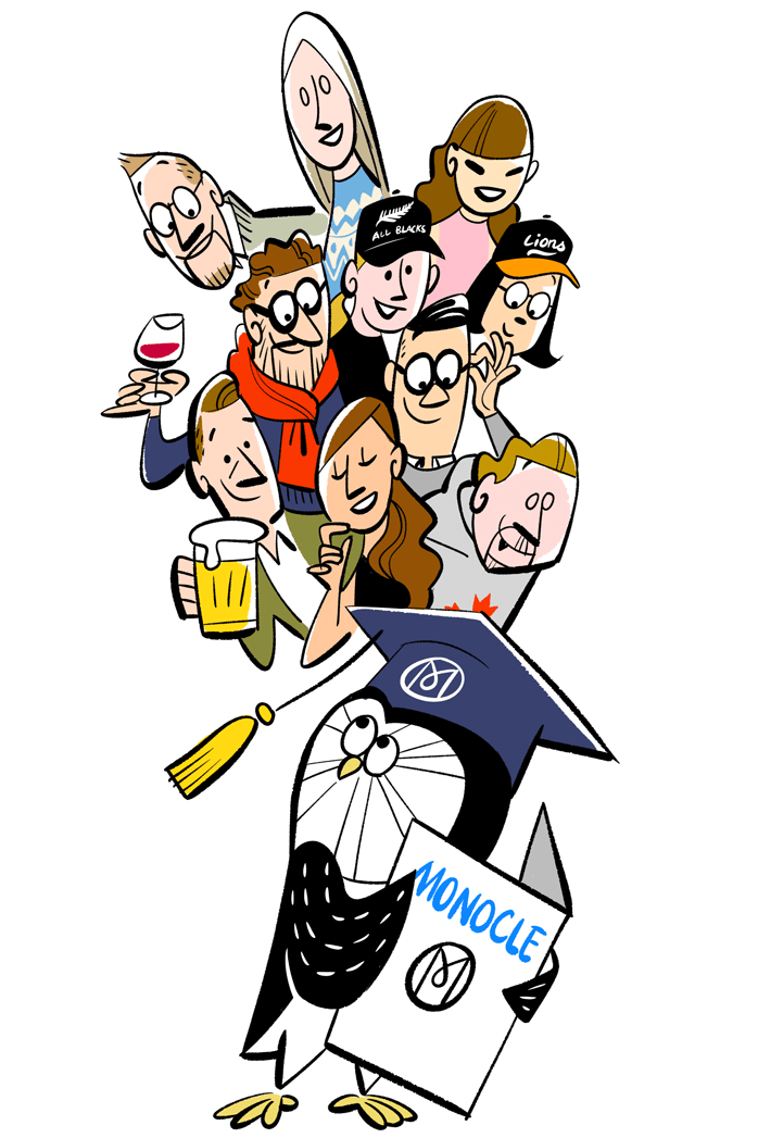 Illustrated group of diverse people celebrating together with drinks and Monocle magazine branding