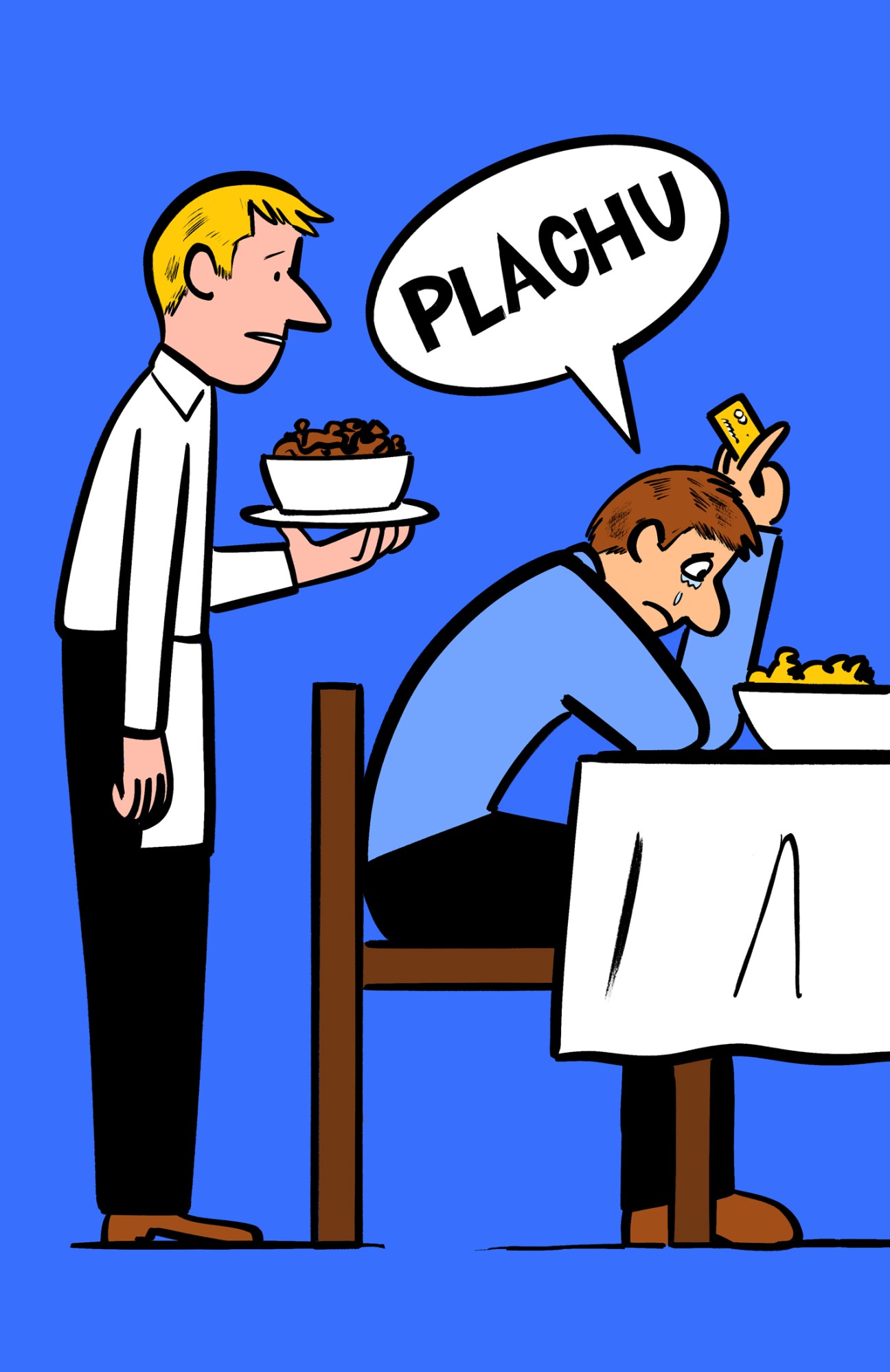 Cartoon illustration showing waiter serving food to customer using phone with speech bubble saying PLACHU