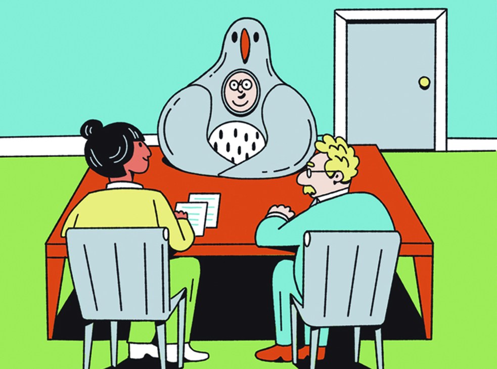 Two people sitting at a red table facing a large gray bird-like figure with a human face, in an indoor room with a door and green floor.