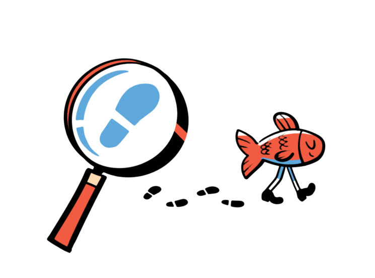 Illustration of a magnifying glass with footprints and a stylized red fish.