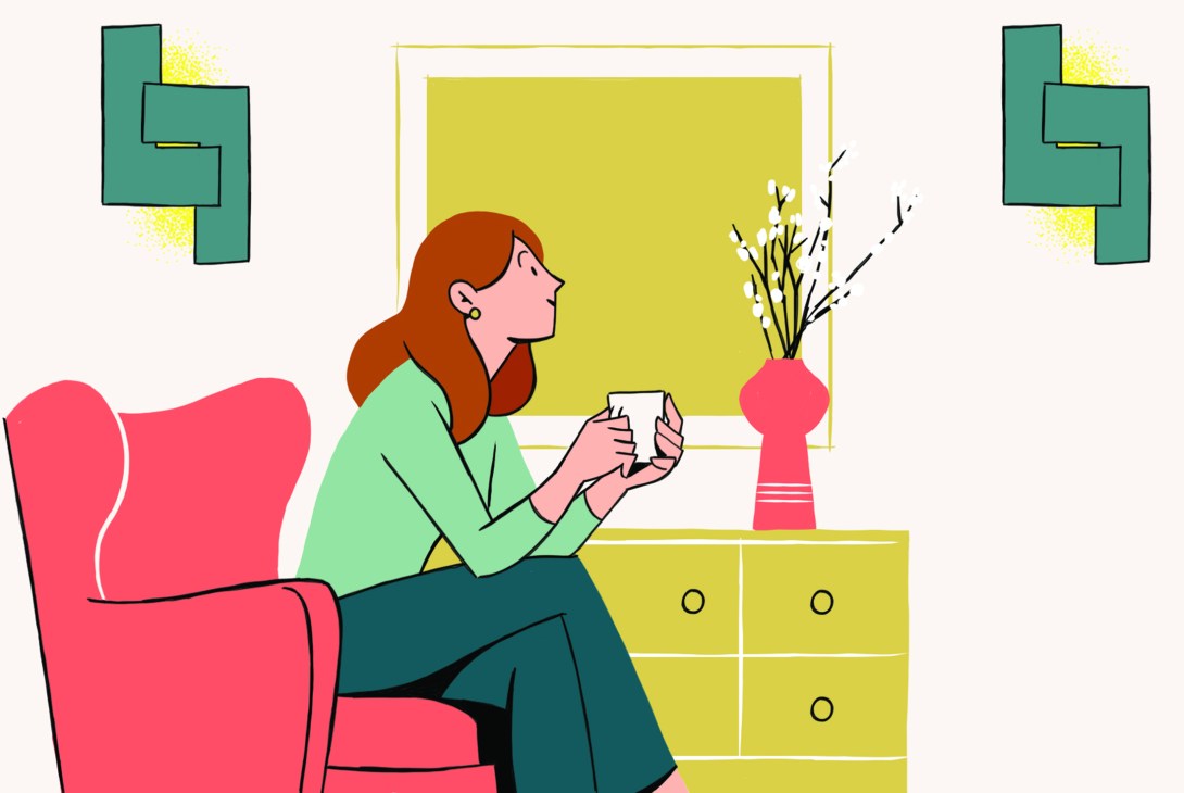 An illustrated red-haired woman drinks coffee while sitting in a red armchair.