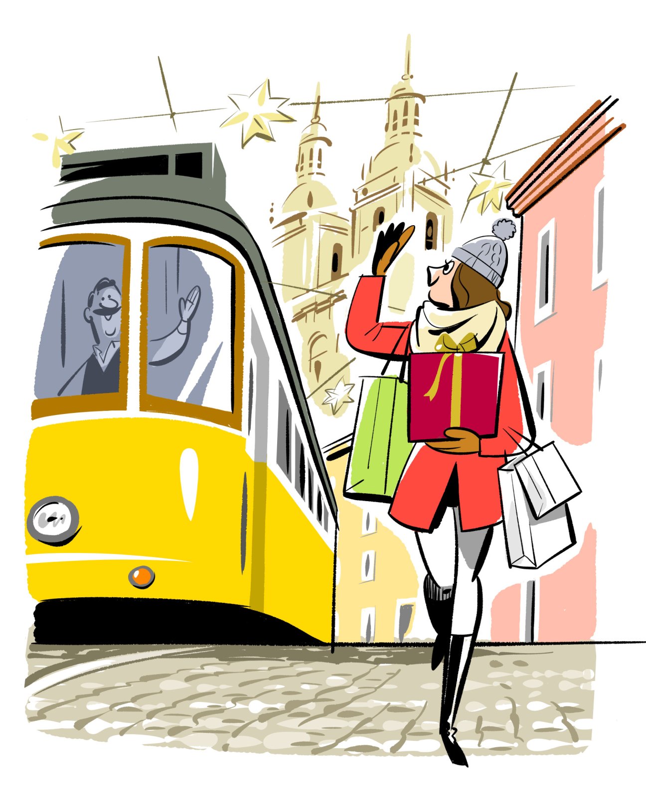 Stylized illustration of a woman with shopping bags boarding a yellow tram in a European city street